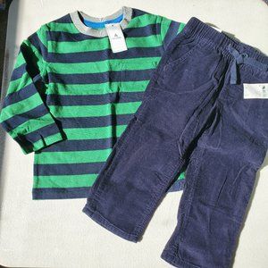 Gap 18-24 Months Blue Corduroys Green & Blue Striped Long Sleeve Top Winter